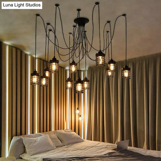 Farmhouse Bedroom Pendant Lamp - 12 Head Swag Multi-Light Ceiling Light With Black Iron Cage