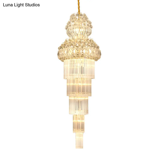 12 Heads Stairway Chandelier Pendant Light With Crystal Rod Gold Suspension Lamp Lighting