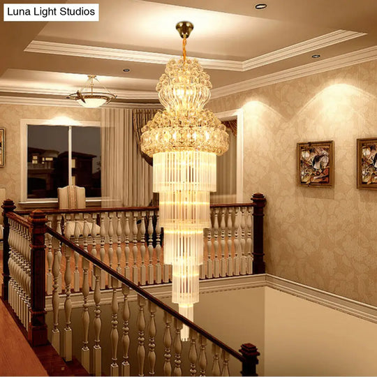 12 Heads Stairway Chandelier Pendant Light With Crystal Rod Gold Suspension Lamp Lighting