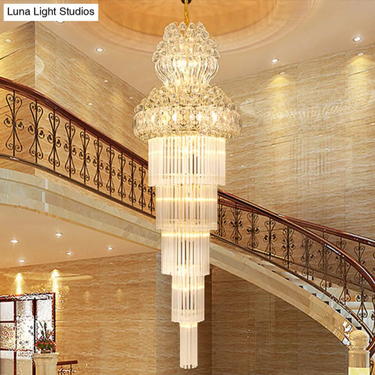 Gold Crystal Rod Stairway Chandelier Pendant Light - 12 Heads Suspension Lamp