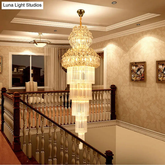 Gold Crystal Rod Stairway Chandelier Pendant Light - 12 Heads Suspension Lamp