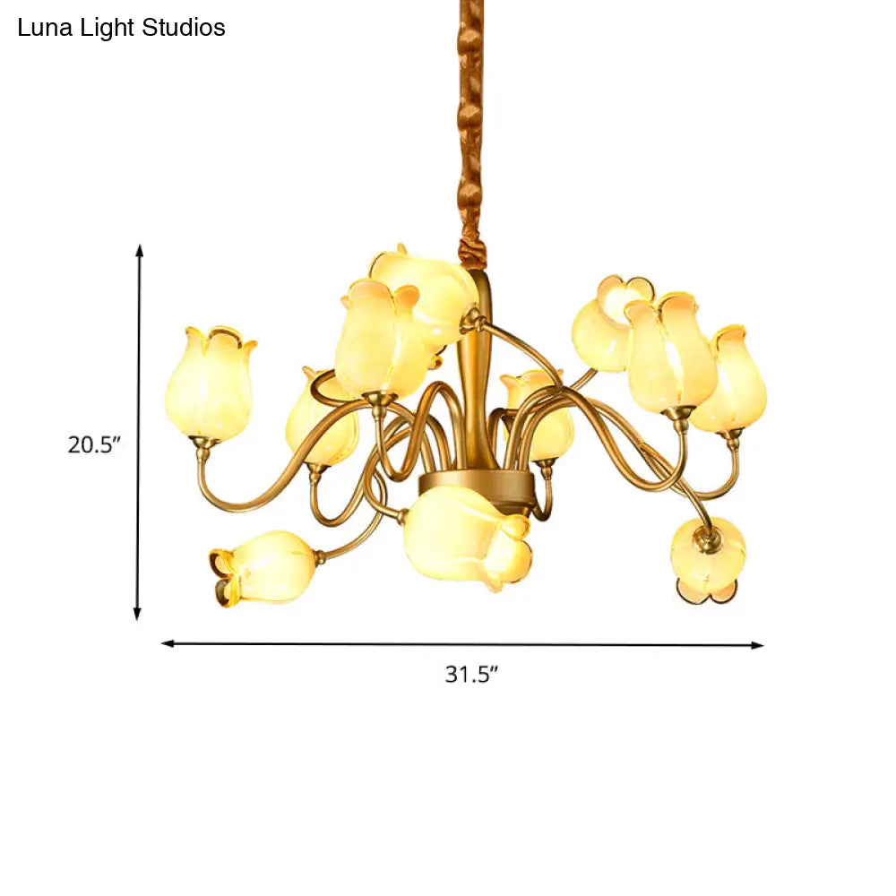 12-Light Countryside Flower Beige Glass Chandelier - Gold Hanging Ceiling Fixture