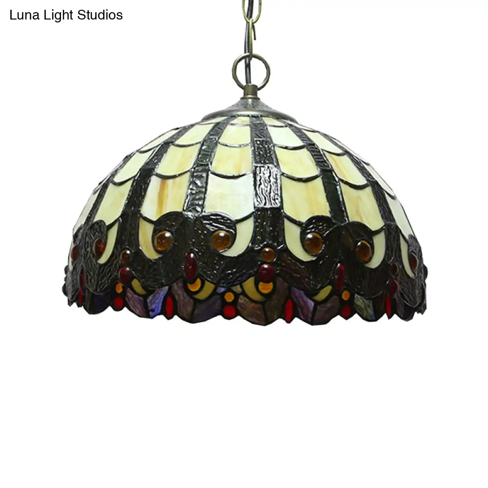 12’ W Stained Glass Tiffany Pendant Lamp - Adjustable Ceiling Lighting For Dining Room Beige