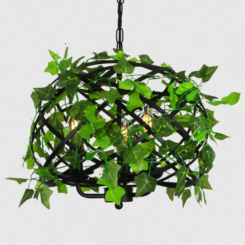 Iron Industrial Chandelier With Greenery And Cage - 3 Light Pendant For Restaurants Green / 12.5