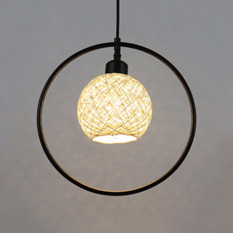 Rustic Rattan Ball Shade Hanging Light - Beige/White Single Pendant Lamp With Black Metal Ring White