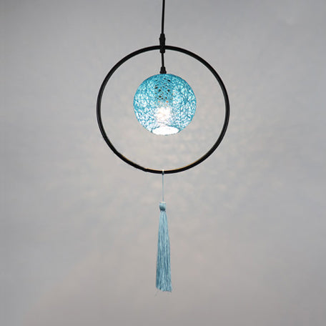 Stylish Asian Woven Rattan Pendant Lamp With Tassels - Beige/Blue/Red