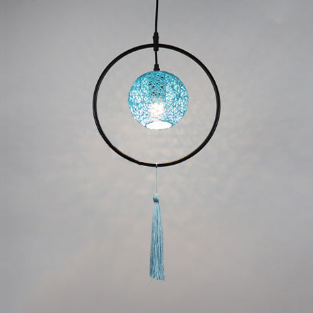 Stylish Asian Woven Rattan Pendant Lamp With Tassels - Beige/Blue/Red Blue