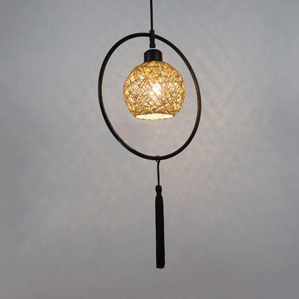 Stylish Asian Woven Rattan Pendant Lamp With Tassels - Beige/Blue/Red Beige