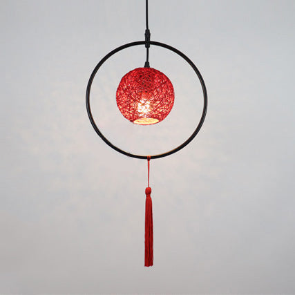 Stylish Asian Woven Rattan Pendant Lamp With Tassels - Beige/Blue/Red