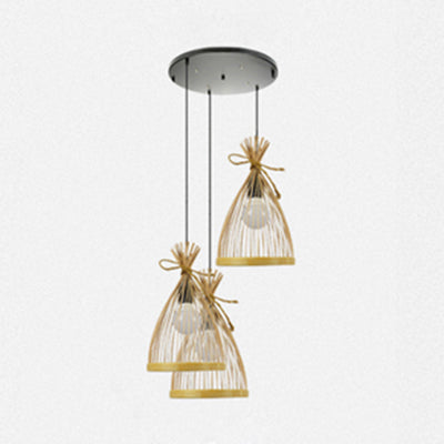 Stylish Asian Pendant Lighting: Black/Beige Conical Shade With Bamboo Accents - 3 Lights Beige /