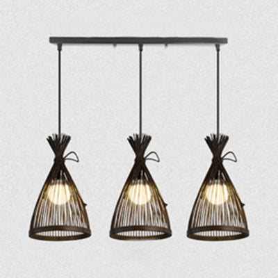 Stylish Asian Pendant Lighting: Black/Beige Conical Shade With Bamboo Accents - 3 Lights