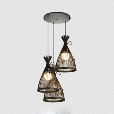 Stylish Asian Pendant Lighting: Black/Beige Conical Shade With Bamboo Accents - 3 Lights