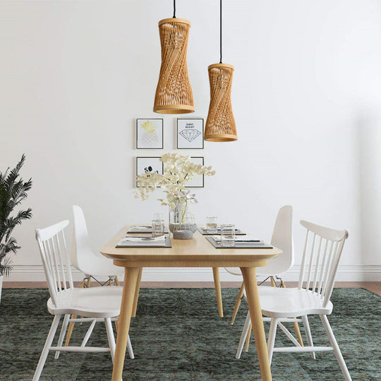 Modern Bamboo Cylinder Pendant Lamp In Beige For Dining Room / 6
