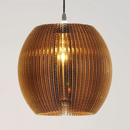 Asian Style Woven Shade Pendant Lamp With Corrugated Paper Design Brown / H