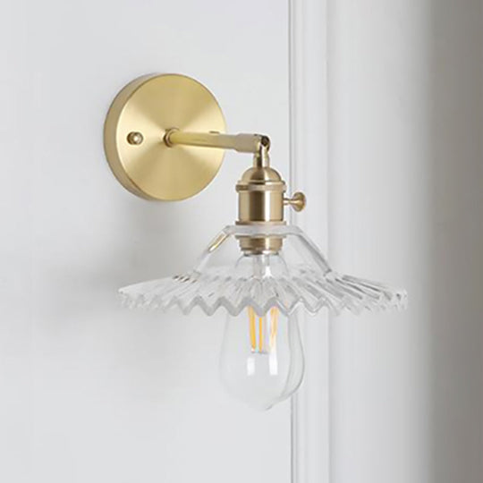 Clear Glass Wall Sconce - Industrial Brass Scalloped Design Living Room Lighting Fixture