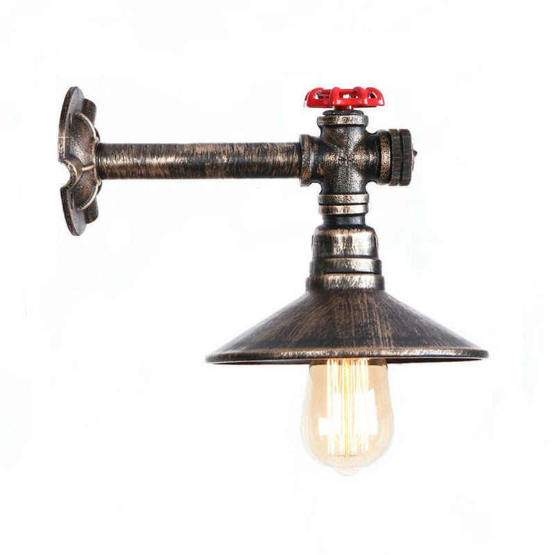 Antique Bronze Water Pipe Wall Light With Cone Shade - Industrial Loft Lighting