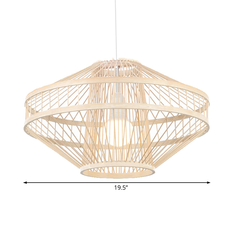Bamboo Modernist Style Ceiling Fixture - Flying Saucer Design 16/19.5 Width 1-Bulb Wood Pendant Lamp