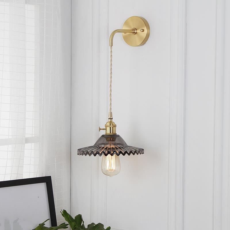 Scalloped Smoked Glass Brass Sconce Light: Industrial 1-Light Wall Lamp For Bedroom Smoke Gray
