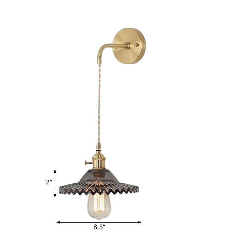 Scalloped Smoked Glass Brass Sconce Light: Industrial 1-Light Wall Lamp For Bedroom