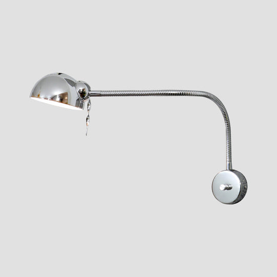 Vintage Chrome/White Metallic Wall Lamp With Flexible Arm And Dome Shade Perfect Bedside Sconce