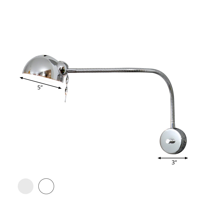 Vintage Chrome/White Metallic Wall Lamp With Flexible Arm And Dome Shade Perfect Bedside Sconce