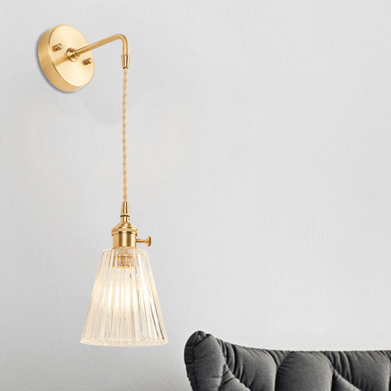 Industrial Bedroom Sconce With Clear Textured Glass Cone Shade - Wall Light Fixture