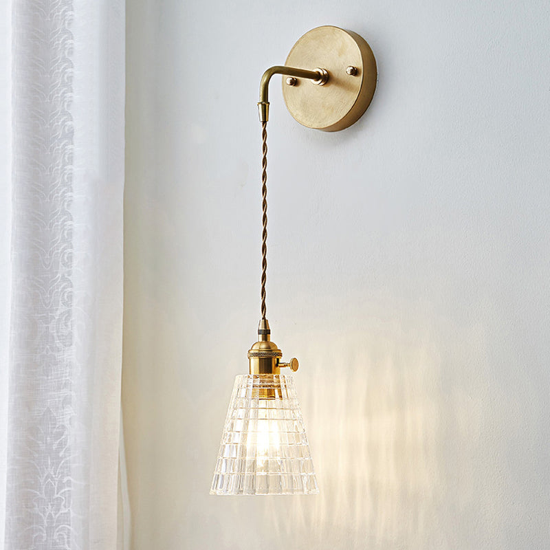 Clear Textured Glass Wall Sconce With Single Brass Bulb - Perfect For Industrial Bedroom Lighting