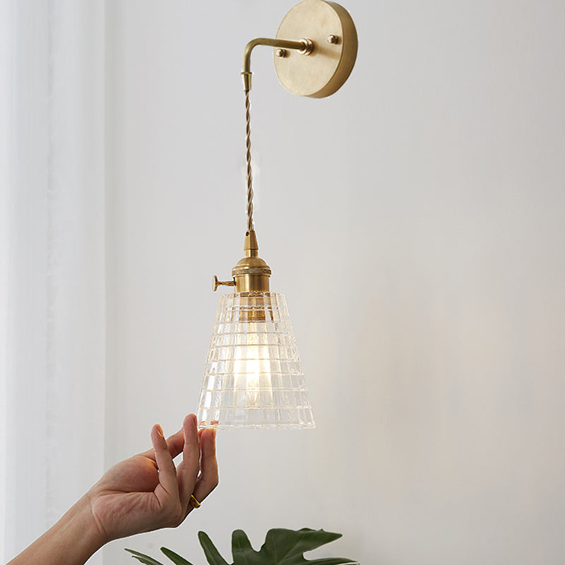 Clear Textured Glass Wall Sconce With Single Brass Bulb - Perfect For Industrial Bedroom Lighting