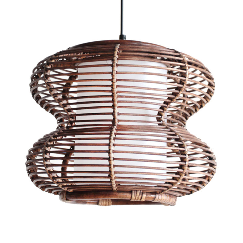 Asian Style Bamboo Pendant Light With Inner Shade - Brown Gourd Hanging Fixture For Living Room