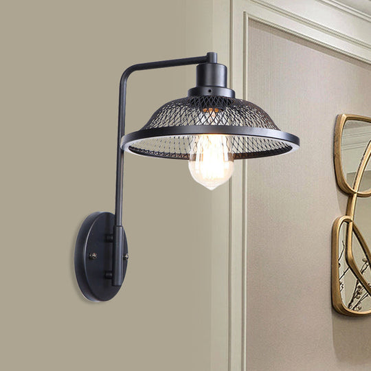 Retro Style Flared Restaurant Sconce: Mesh Shade Wrought Iron Wall Lamp (1 Bulb) In Black/Rust