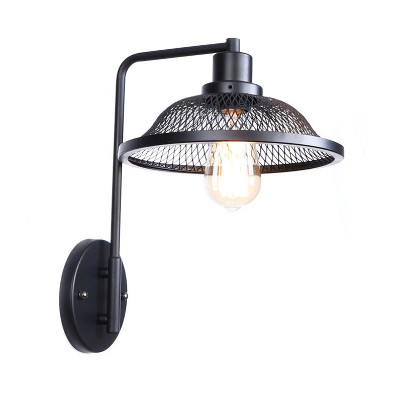 Retro Style Flared Restaurant Sconce: Mesh Shade Wrought Iron Wall Lamp (1 Bulb) In Black/Rust