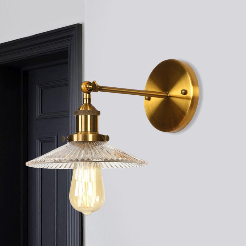 Vintage Brass Wall Sconce With Textured Glass - Bedroom Lighting Fixture Clear