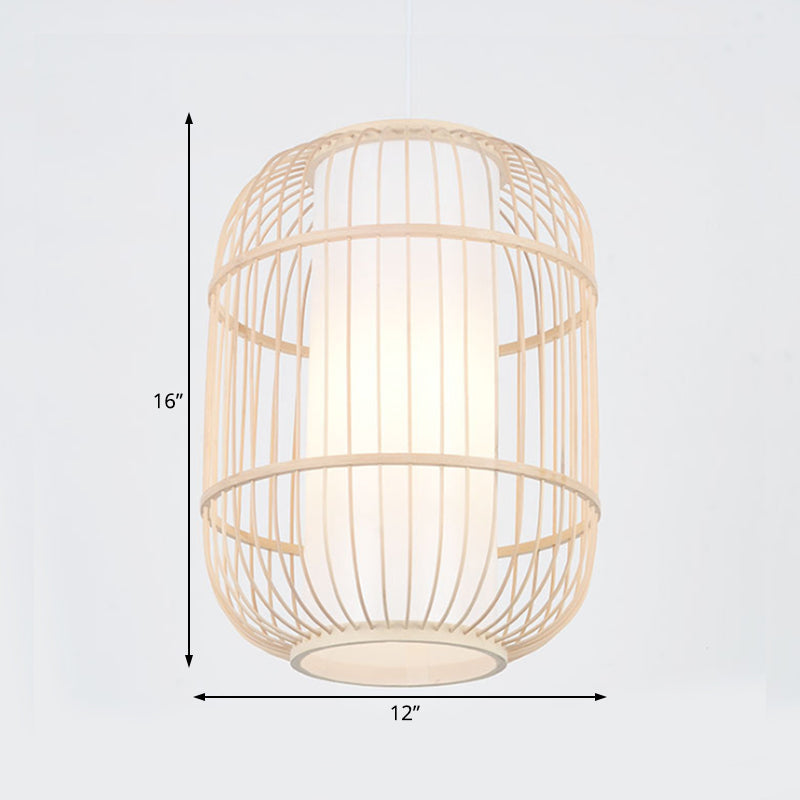 Bamboo Hanging Lamp With Asian-Inspired Cylinder Shade For Living Room Ceiling In Beige - 1 Head