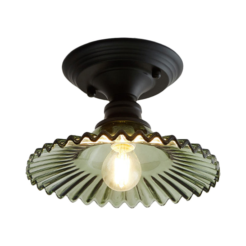 Industrial Scalloped Semi Flush Light - One Light Clear/Green Ribbed Glass Lighting Fixture for Indoor Spaces