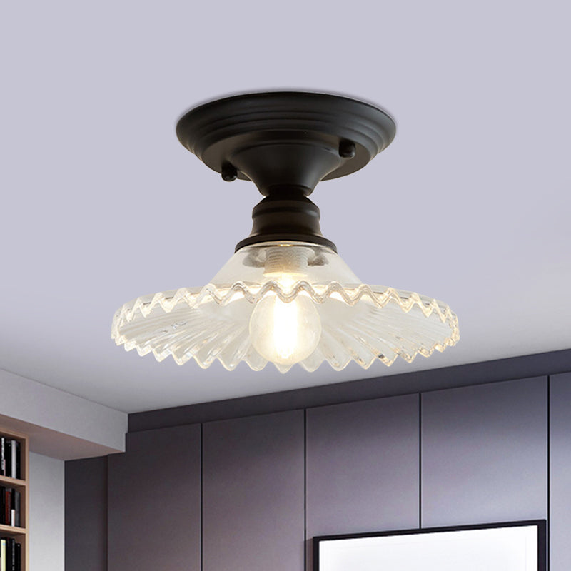 Industrial Scalloped Semi Flush Light - One Clear/Green Ribbed Glass Lighting Fixture For Indoor