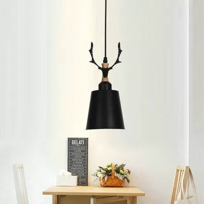 Macaron Style Hanging Light With Antlers - Metal Pendant For Balcony And Foyer Black