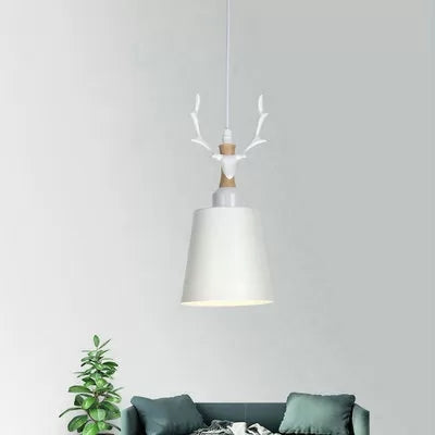 Macaron Style Hanging Light With Antlers - Metal Pendant For Balcony And Foyer White