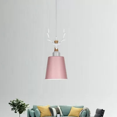 Macaron Style Hanging Light With Antlers - Metal Pendant For Balcony And Foyer Pink