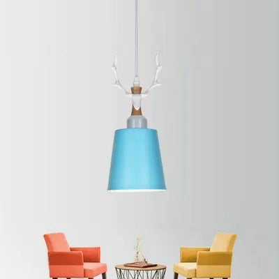 Macaron Style Hanging Light With Antlers - Metal Pendant For Balcony And Foyer Blue