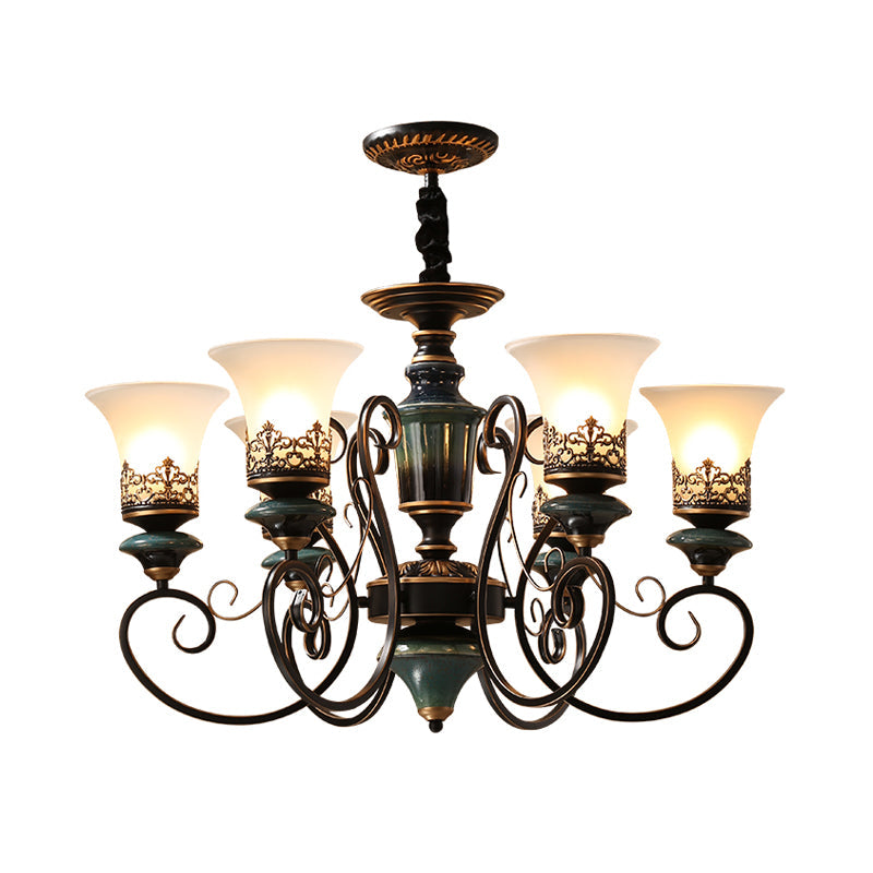 Rustic Black-Gold Chandelier With Bell Shade And Opal Glass Perfect For Guest Rooms (3/5/6-Bulb)