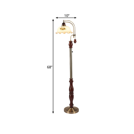 Traditional Style Cream Glass Floral Shade Floor Lamp With Wood Base In Brown