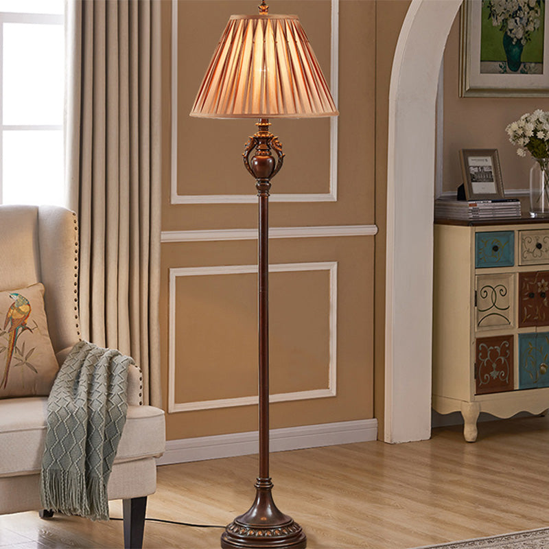 Retro Brown Pleated Tapered Fabric Floor Lamp For Living Room Reading - 1-Bulb Light