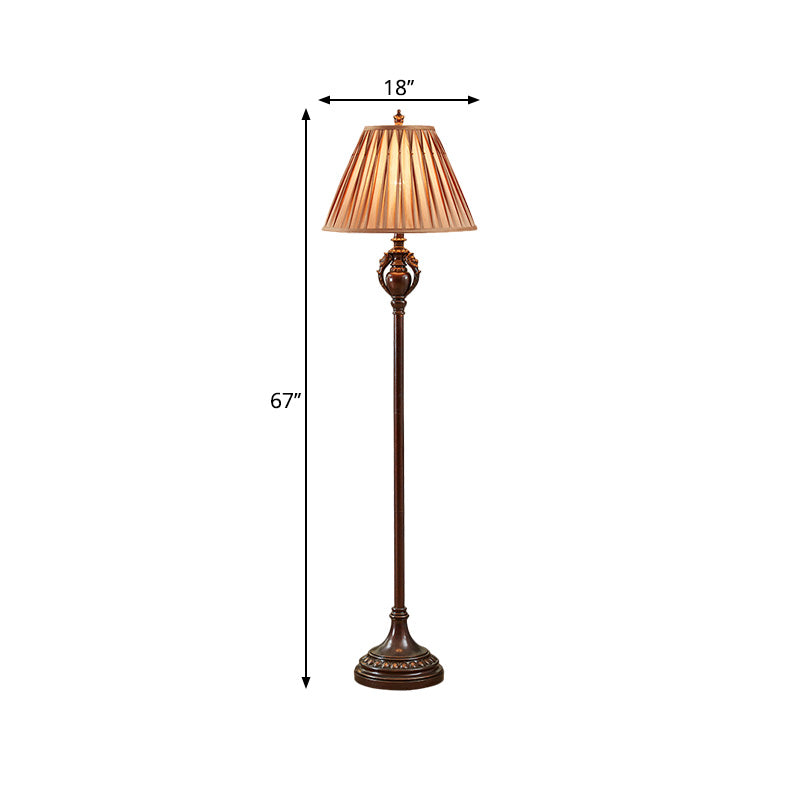 Retro Brown Pleated Tapered Fabric Floor Lamp For Living Room Reading - 1-Bulb Light