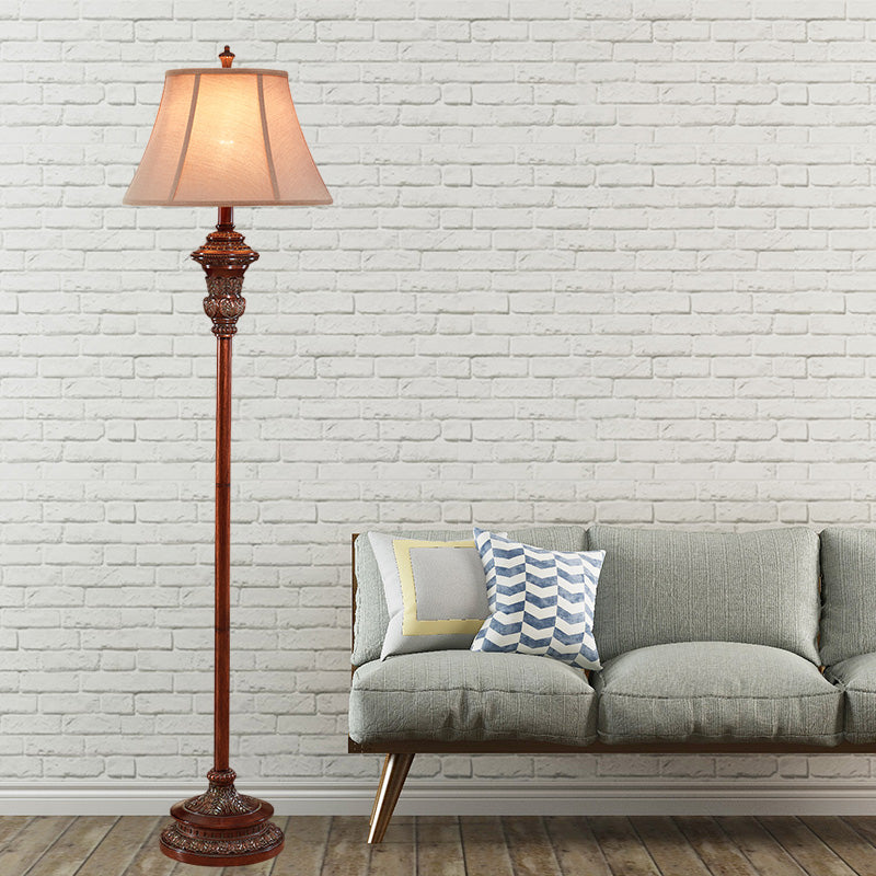 Antiqued Style Floor Reading Lamp With Bell Shade - 1 Head Fabric Light In Brown For Guest Room