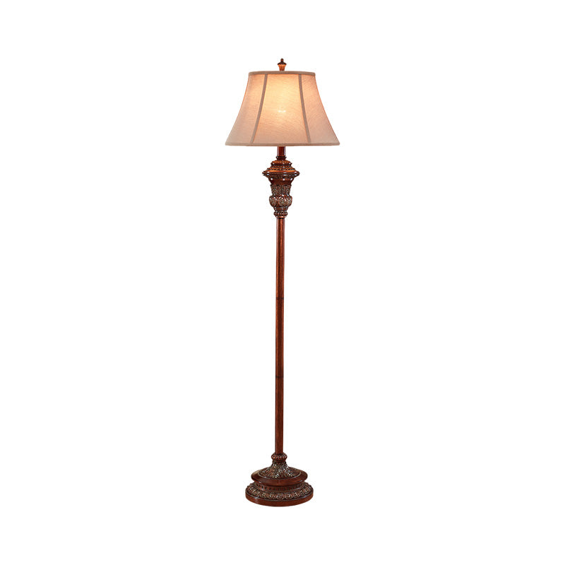 Antiqued Style Floor Reading Lamp With Bell Shade - 1 Head Fabric Light In Brown For Guest Room