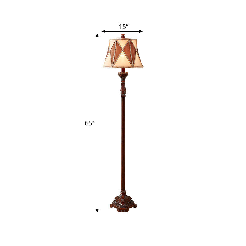 Antiqued Style Red Brown Floor Lamp With Harlequin Design And Flared Fabric Shade 1 Bulb