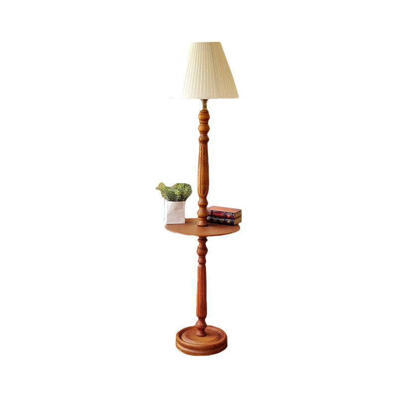 Traditional Style Wood Brown Floor Lamp With Baluster Design & Conical Fabric Shade
