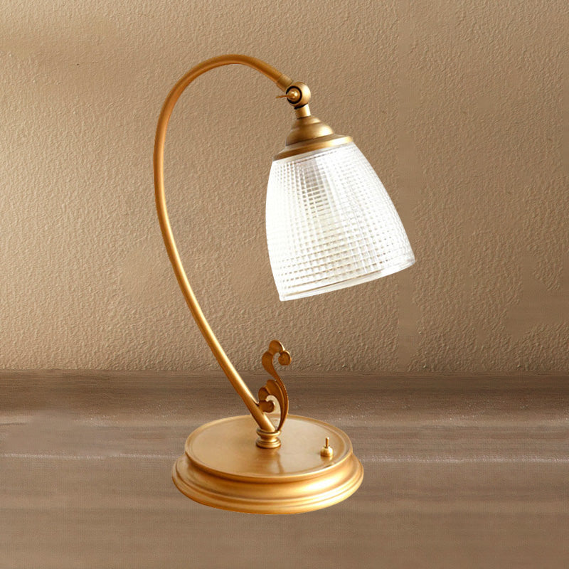 Vintage Gold Metal Desk Lamp With Swooping Arm And Flared Glass Shade