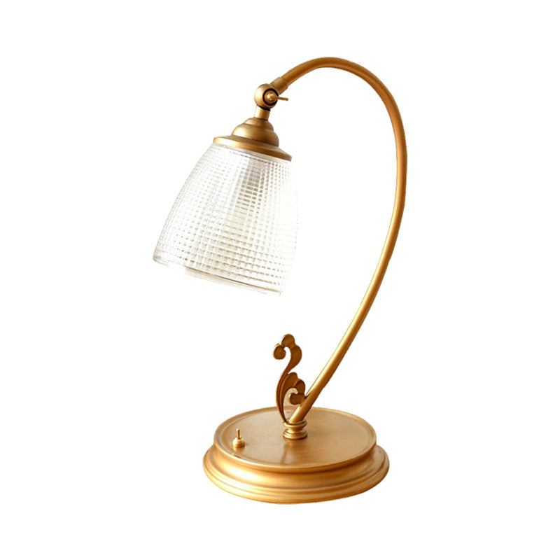 Vintage Gold Metal Desk Lamp With Swooping Arm And Flared Glass Shade
