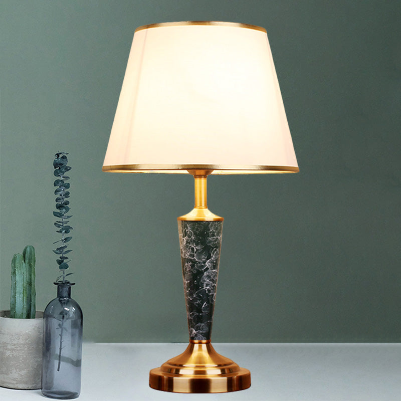 Vintage Style Fabric White Night Table Lamp With Flared Shade - Leaf Design Gold